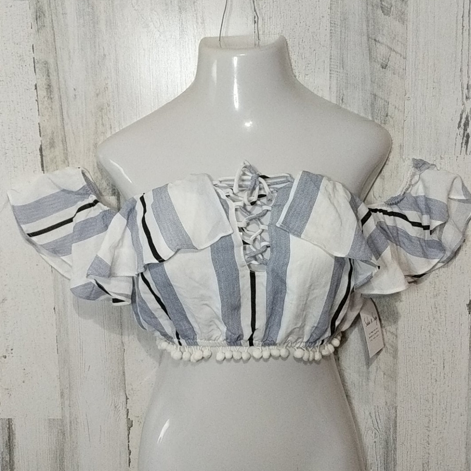 Sage The Label Medium Blue Striped Off Shoulder Crop Top Pom Medium